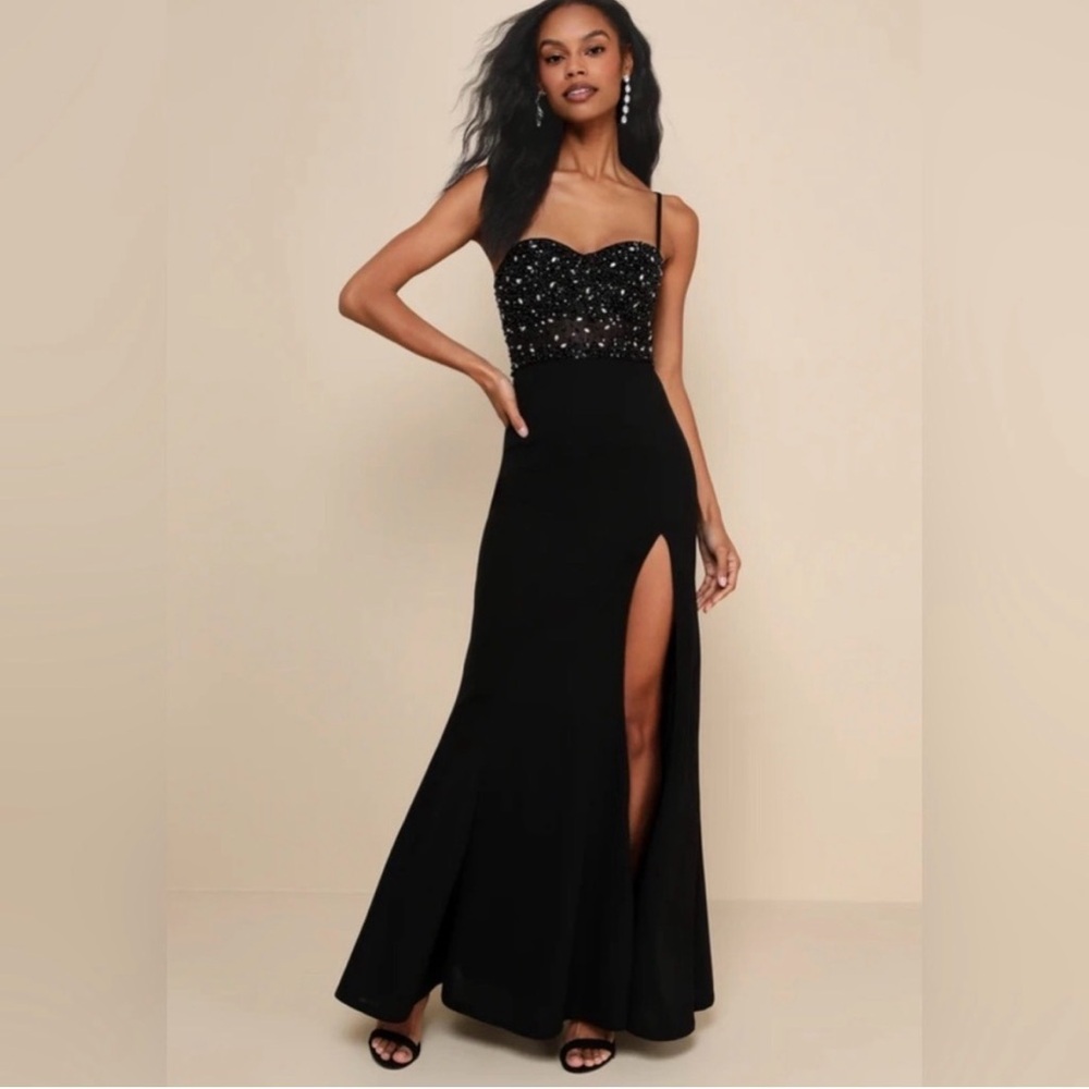 NWT Lulu's Black Sequin Gown Luxe Allure Black Beaded Rhinestone Bustier Dress
